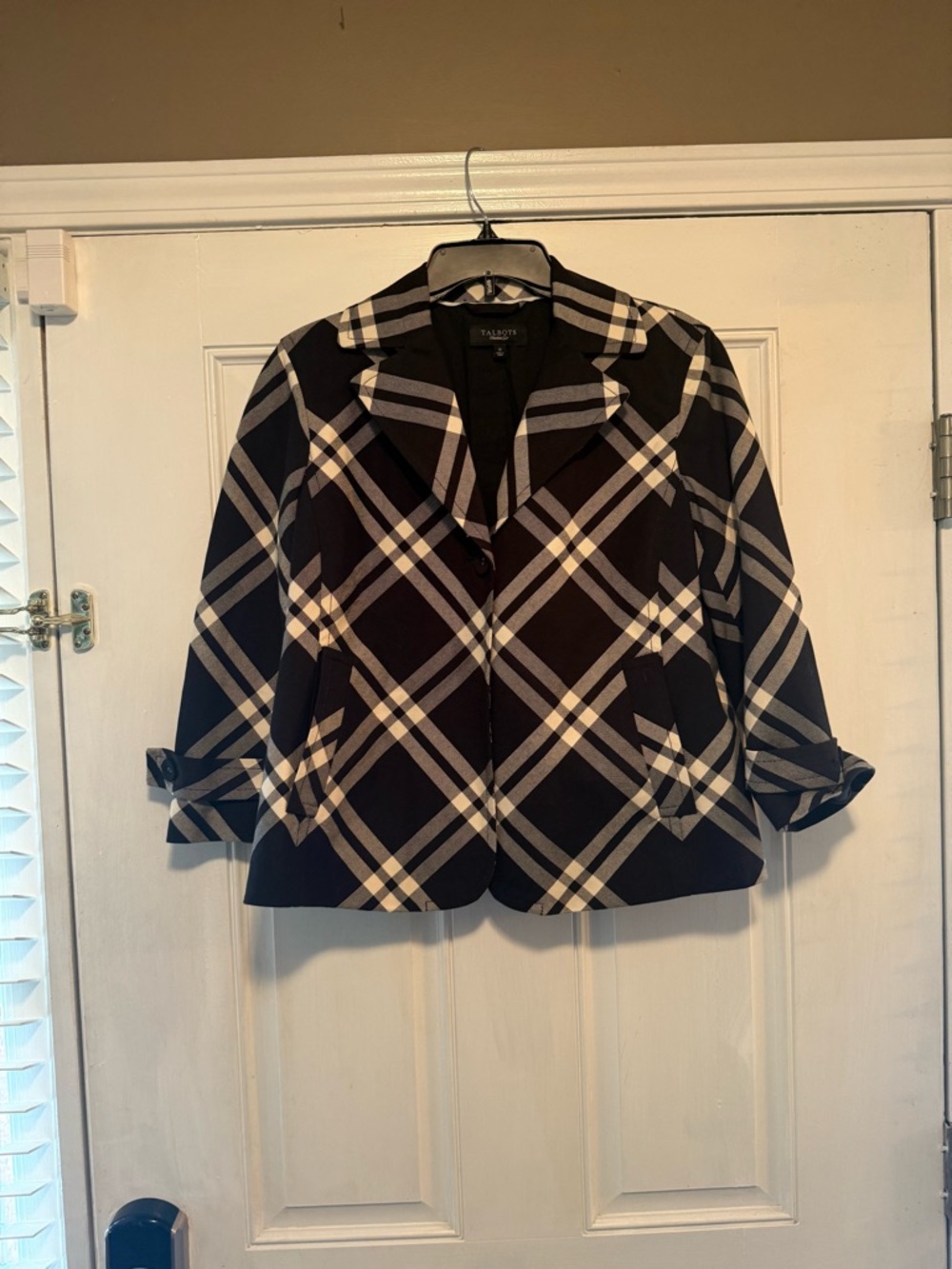 Talbots Black and White Plaid Tailored Cropped Blazer